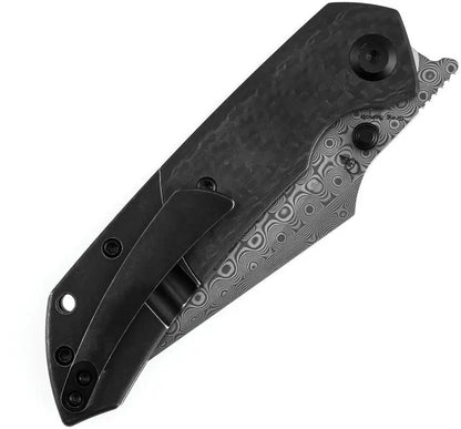 Kansept Knives Fenrir Crossbar Lock Twill CF - Damascus Wharncliffe Blade With BlackWash Finish by Kansept Knives