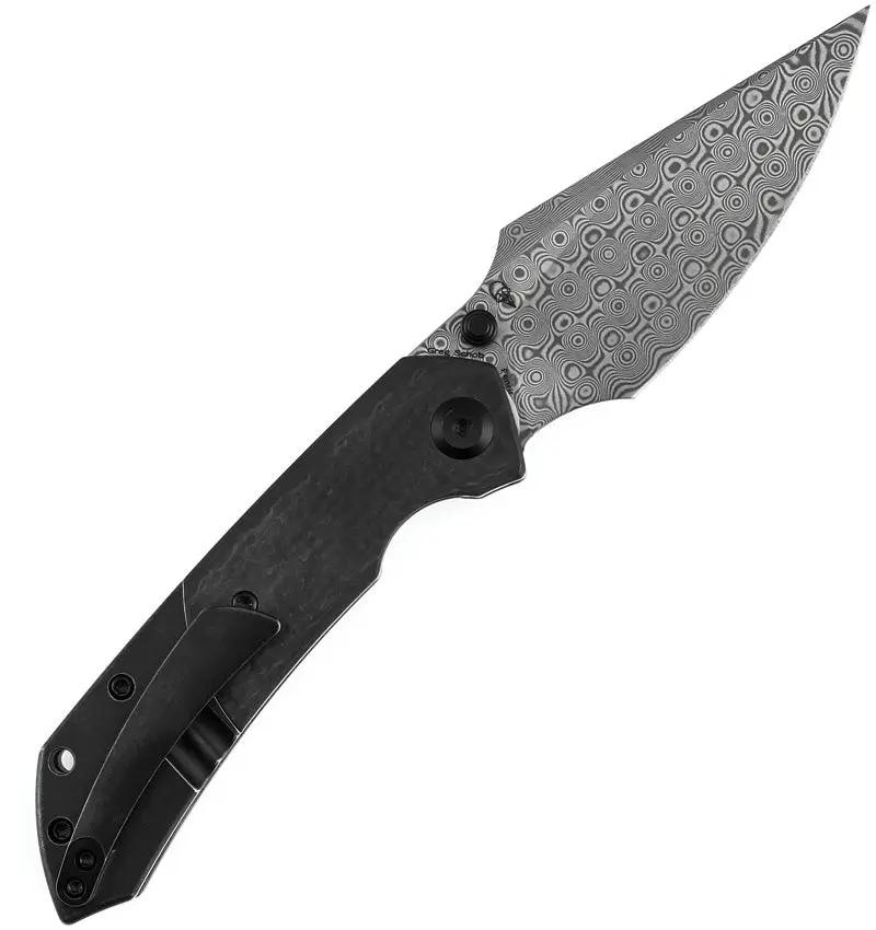 Kansept Knives Fenrir Crossbar Lock Twill CF - Damascus Wharncliffe Blade With BlackWash Finish by Kansept Knives