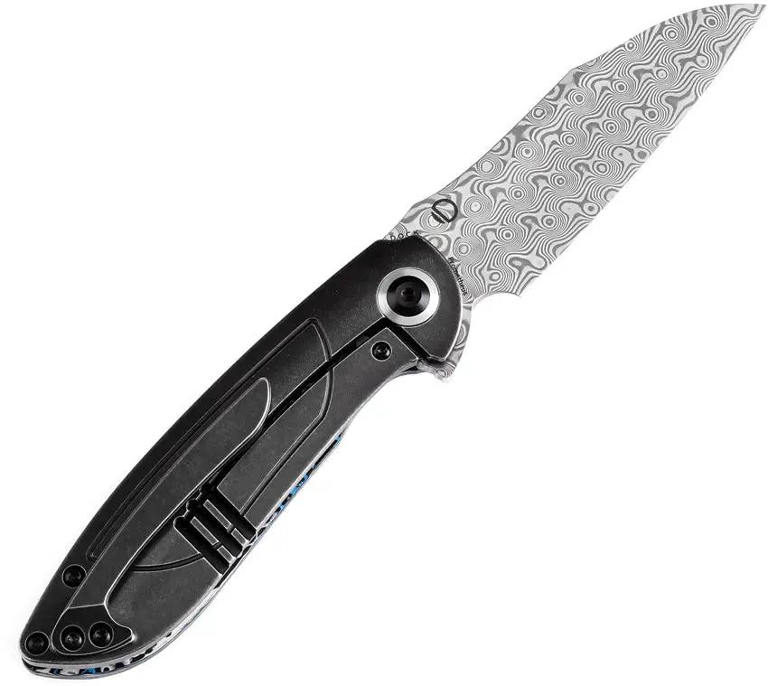 Kansept Knives Prometheus Framelock Damascus - Damascus Steel Sheepsfoot Blade With Blue White Carbon Fiber Handle by Kansept Knives