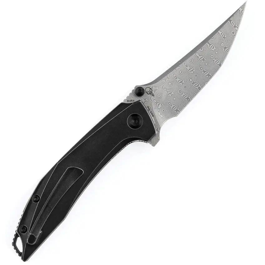 Kansept Knives Baku Linerlock - Black Damascus Blade With Stonewashed Titanium Handle by Kansept Knives