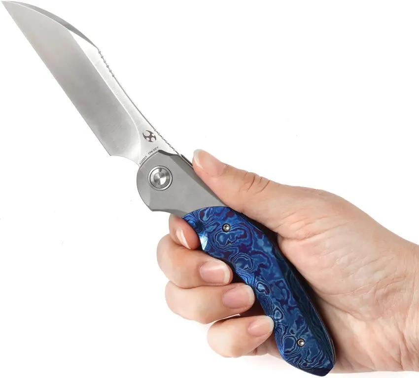 Kansept Knives Cosmos Framelock Timascus - Gray Titanium Handle With Blue Timascus Onlay CPM 20CV Wharncliffe Blade by Kansept Knives