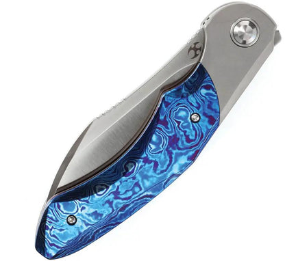 Kansept Knives Cosmos Framelock Timascus - Gray Titanium Handle With Blue Timascus Onlay CPM 20CV Wharncliffe Blade by Kansept Knives