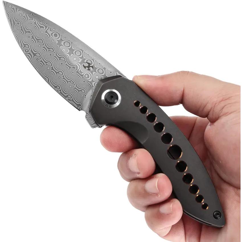 Kansept Knives ODD 21 Framelock Black Bronze Anodized Holes - Damascus Steel Drop Point Blade, Black Titanium Handle by Kansept Knives