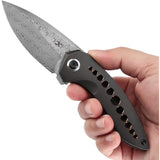 Kansept Knives ODD 21 Framelock Black Bronze Anodized Holes - Damascus Steel Drop Point Blade, Black Titanium Handle by Kansept Knives