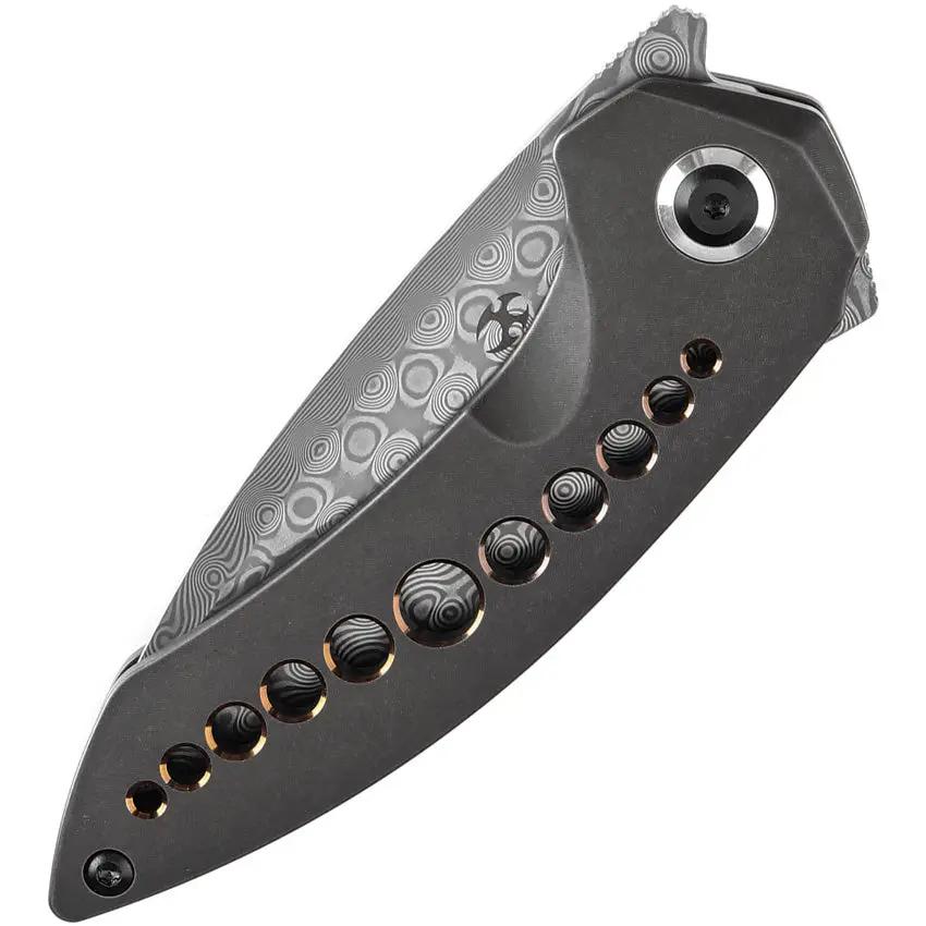 Kansept Knives ODD 21 Framelock Black Bronze Anodized Holes - Damascus Steel Drop Point Blade, Black Titanium Handle by Kansept Knives