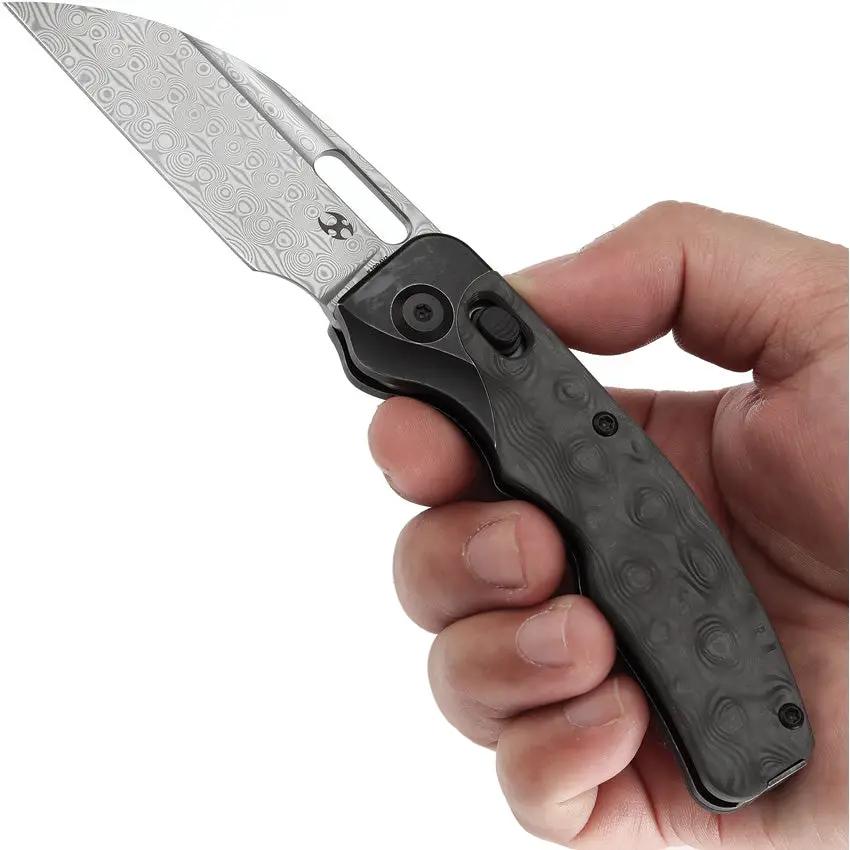 Kansept Knives Vivid Crossbar Lock Rose CF K1094V1 - Damascus Wharncliffe Blade With Rose Pattern Carbon Fiber Inlay by Kansept Knives