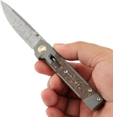 Kansept Knives Kitpu Framelock Copper Foil Carbon Fiber Inlay - Damascus Blade, Titanium Handle, Extended Tang by Kansept Knives