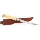 Karesuando Kniven Laxen Knife 3522-00 - Sandvik 12C27 Fillet Blade With Curly Birch And Reindeer Antler Handle by Karesuando Kniven
