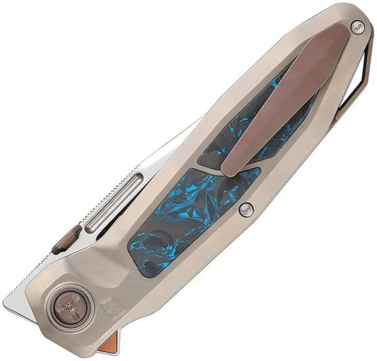 Ketuo Bratva Linerlock Mirror 5in Closed EDC Knife - M390 Blade With Titanium Handle Blue Marble Carbon Fiber Inlay by Ketuo