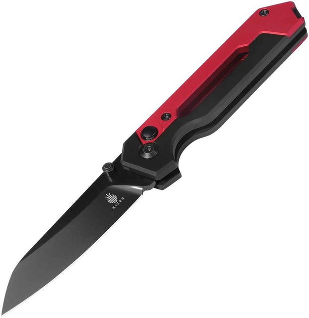 Kizer Hyper Button Lock Knife S35VN 3in Blade 4in Closed Aluminum Black Red EDC Carry by Kizer Cutlery