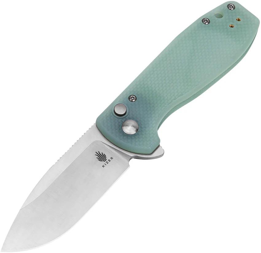 Kizer Cutlery Amicus Button Lock Knife Jade G10 Handle 9Cr18MoV Satin Blade Extended Tang 4 Inch Closed EDC by Kizer Cutlery