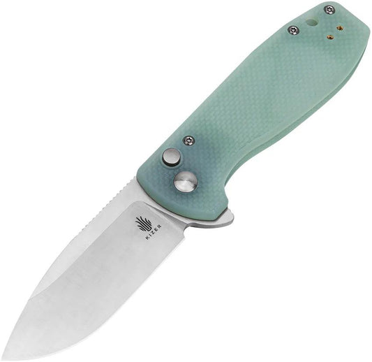 Kizer Cutlery Amicus Button Lock Knife Jade G10 Handle 9Cr18MoV Satin Blade Extended Tang 4 Inch Closed EDC by Kizer Cutlery