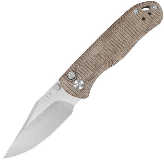 Kizer Cutlery Drop Bear 2 Button Lock Folding Knife Satin Nitro V Clip Point Blade Canvas Micarta Handle For EDC by Kizer Cutlery