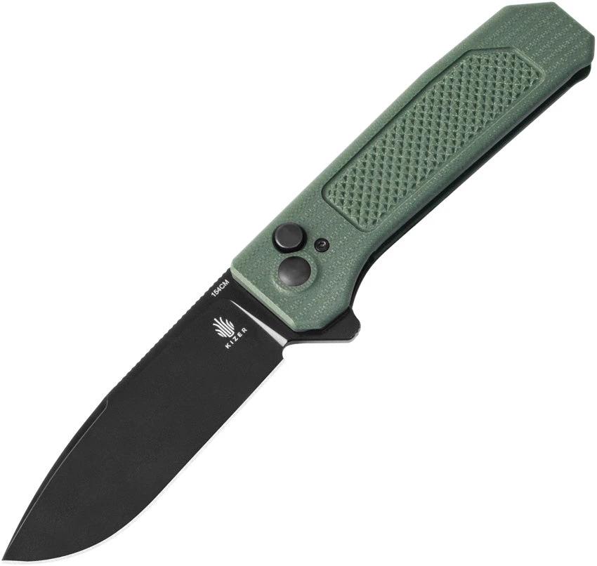 Kizer Cutlery Brat Button Lock Knife OD Green G10 3.5in 154CM Drop Point For EDC by Kizer Cutlery