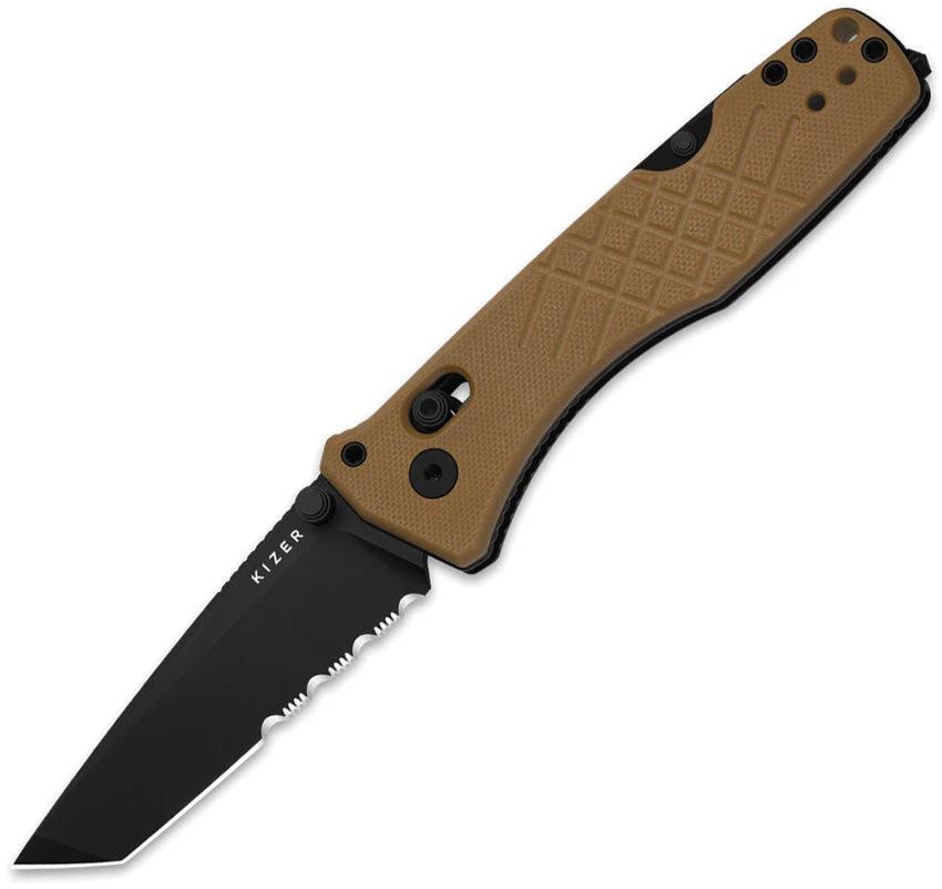 Kizer Cutlery Aegis T Clutch Lock Tan EDC Knife With Partially Serrated AEBL Blade And G10 Handle by Kizer Cutlery