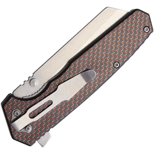 Komoran Linerlock - Red Carbon Fiber Onlay, Black G10 Handle, 4.75in Closed, 3.5in Stonewash Blade, Extended Tang by Komoran