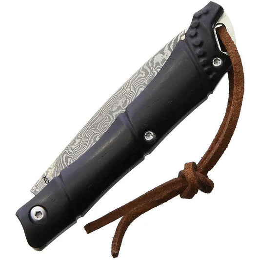 Komoran Bamboo Damascus Folder BF210637 - Compact 2.13 Inch Blade Black Pakkawood Handle Lanyard Hole by Komoran