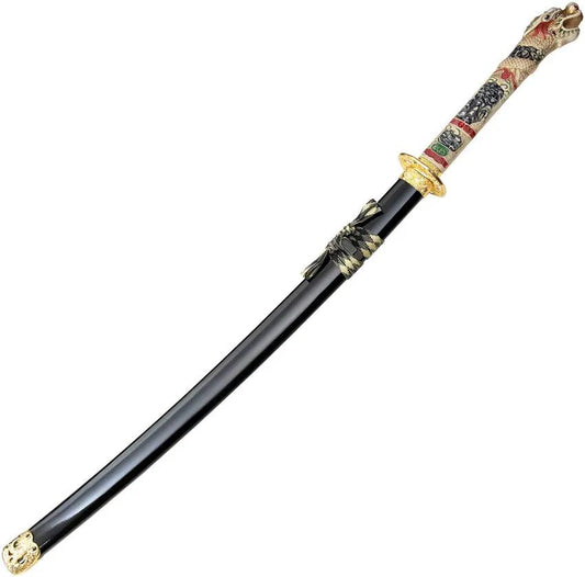 Komoran Black Dragon Katana - Dragon Theme Handle Details With Stainless 27.5 Inch Blade And Black Wood Scabbard by Komoran