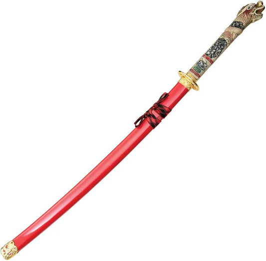 Komoran Red Dragon Katana KO045 RZ-002 - Dragon Theme Handle, Sculpted Ivory Grip, Red Wood Scabbard by Komoran
