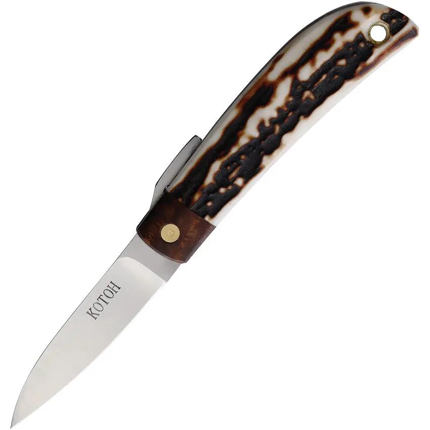 Kotoh Knives Folder Stag D2 - Premium Stag Handle For Durable Grip With Satin D2 Blade And Extended Tang by Kotoh Knives