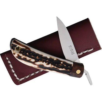 Kotoh Knives Folder Stag D2 - Premium Stag Handle For Durable Grip With Satin D2 Blade And Extended Tang by Kotoh Knives