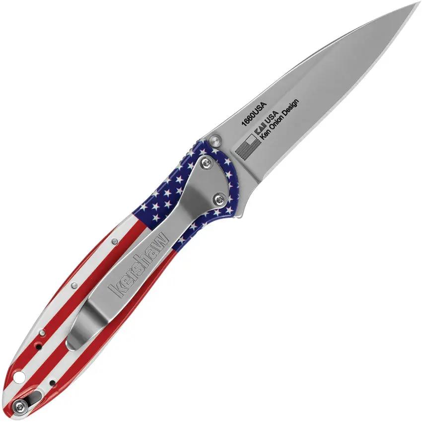 Kershaw Leek Linerlock Assisted Opening Knife USA 1660USA Bead Blast 14C28N Flag Pattern Handle EDC by Kershaw