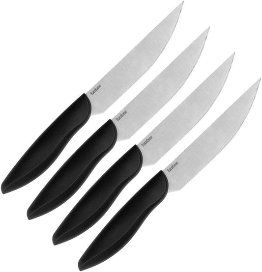 Kershaw 4pc Steak Knife Set Serrated 5in Blades Satin Finish Black Handle 9.5in Overall Clam Packed For Home Cooks by Kershaw