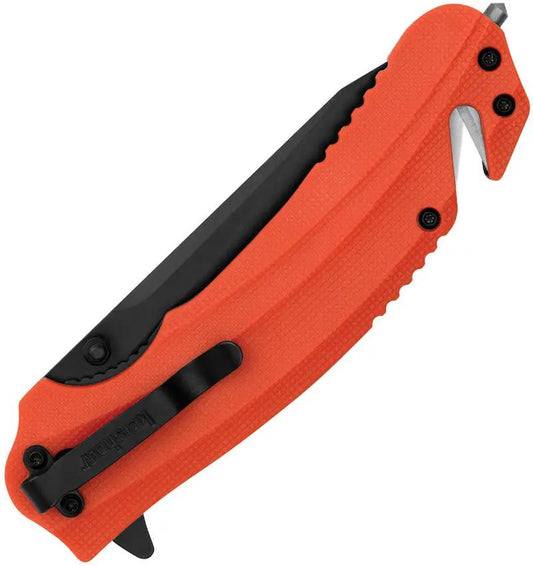 Kershaw Barricade Linerlock Assisted Opening Knife 3.5 Inch Black Serrated Blade Orange GRN Handle Glass Breaker For EDC by Kershaw