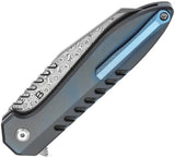 Kansept Knives Kosame Button Lock Damascus Knife - Blue Titanium Handle With Shredded Carbon Fiber Inlay by Kansept Knives