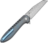 Kansept Knives Kosame Button Lock Damascus Knife - Blue Titanium Handle With Shredded Carbon Fiber Inlay by Kansept Knives