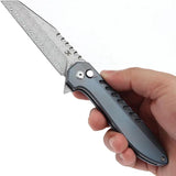 Kansept Knives Kosame Button Lock Damascus Knife - Blue Titanium Handle With Shredded Carbon Fiber Inlay by Kansept Knives