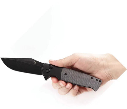 Kansept Knives Shikari SBL Button Lock 3.38in 154CM Blade Black Aluminum Handle With Micarta Inlay by Kansept Knives