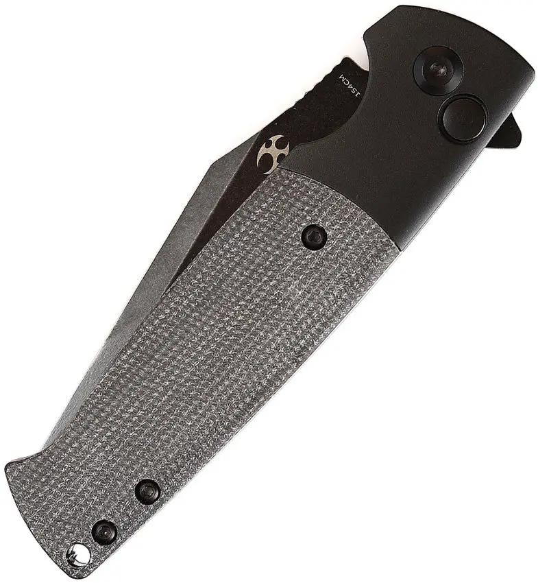 Kansept Knives Shikari SBL Button Lock 3.38in 154CM Blade Black Aluminum Handle With Micarta Inlay by Kansept Knives