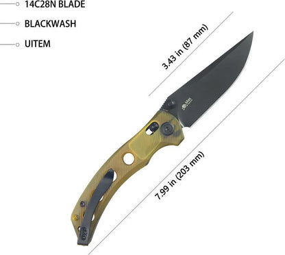 Kubey Hound Crossbar Lock Ultem KU172H - Ultem Handle, 3.5 Inch 14C28N Sandvik Stainless Blade, Black Stonewash by Kubey