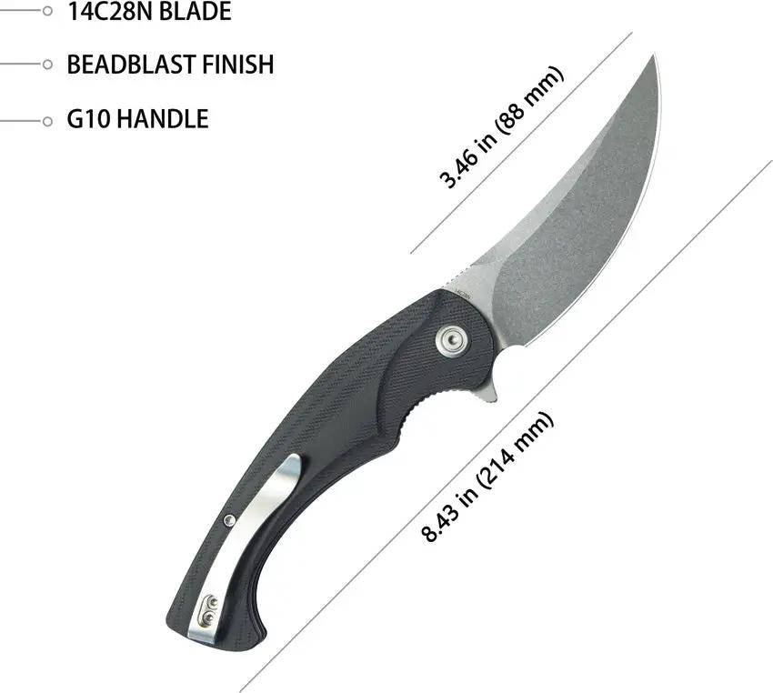 Kubey Scimitar Linerlock Knife - 3.5 Inch 14C28N Sandvik Stainless Blade With Black G10 Handle by Kubey