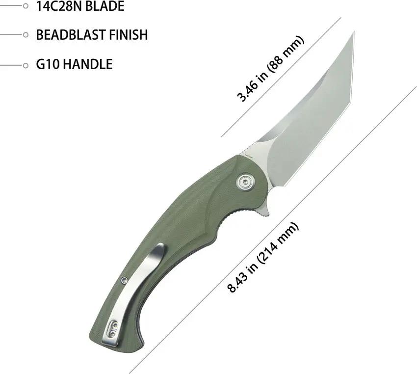 Kubey Scimitar Linerlock Tanto OD KU175A - 3.5 In Bead Blast 14C28N Sandvik Blade, Green G10 Handle by Kubey