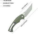 Kubey Scimitar Linerlock Tanto OD KU175A - 3.5 In Bead Blast 14C28N Sandvik Blade, Green G10 Handle by Kubey