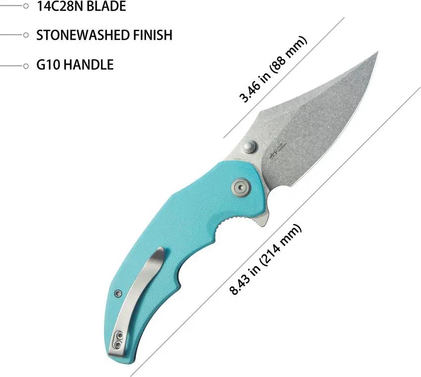 Kubey Ceto Camp Linerlock Knife - Blue G10 Handle Stonewashed 14C28N Sandvik Blade Clip Point Pocket Clip by Kubey