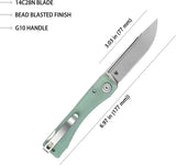 Kubey Akino Lockback Knife - Jade G10 Handle And 3-Inch Bead Blast 14C28N Blade, Lanyard Hole And Pocket Clip by Kubey