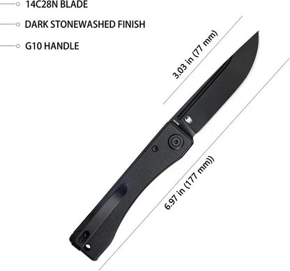Kubey Akino Lockback Blackout KU2102D - 3In Black Stonewash Blade, 4In Closed, G10 Handle, Lanyard Hole, Pocket Clip by Kubey