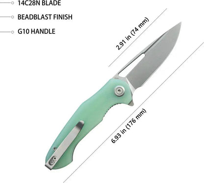 Kubey Dugu Linerlock Jade G10 KU210I - Three Inch Stonewashed 14C28N Blade With Jade G10 Handle Pocket Clip by Kubey