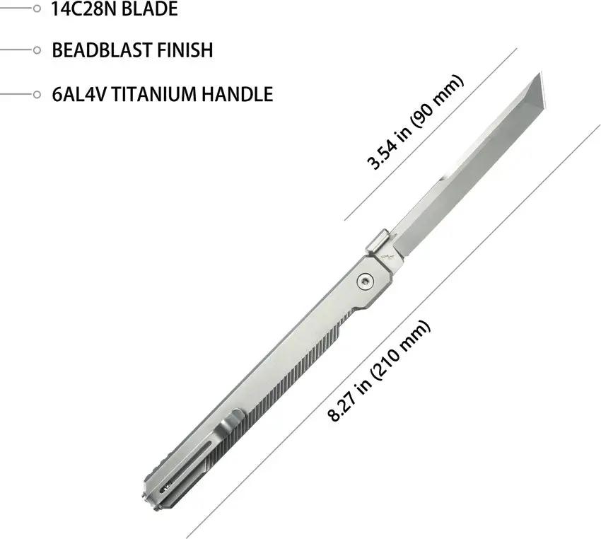 Kubey Prism Button Lock Titanium KB243A - Bead Blast Finish And Sandvik 14C28N Tanto Blade by Kubey