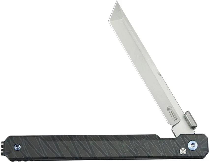 Kubey Prism Button Lock Flame KB243C - Gray Flamed Titanium Handle With Bead Blast 14C28N Stainless Tanto Blade by Kubey
