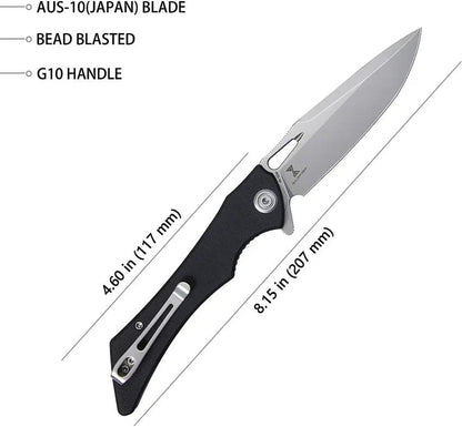 Kubey Raven Linerlock Black KB245D - AUS-10A Steel Blade, Black G10 Handle, Extended Tang by Kubey