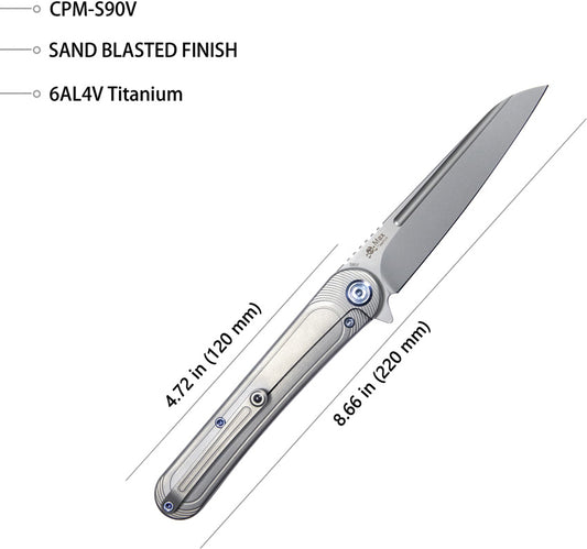 Kubey Dandy Framelock Gray KB247J - S90V Blade, Gray Titanium Handle, Extended Tang, Pocket Clip by Kubey