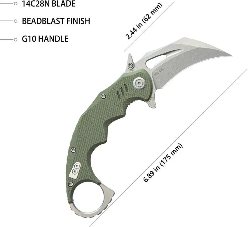 Kubey Mini Wrath Karambit Linerlock KU262B - 2.5in Stonewash 14C28N Sandvik Stainless Blade, OD Green G10 Handle by Kubey