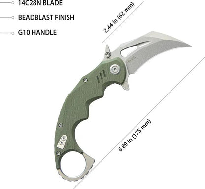 Kubey Mini Wrath Karambit Linerlock KU262B - 2.5in Stonewash 14C28N Sandvik Stainless Blade, OD Green G10 Handle by Kubey