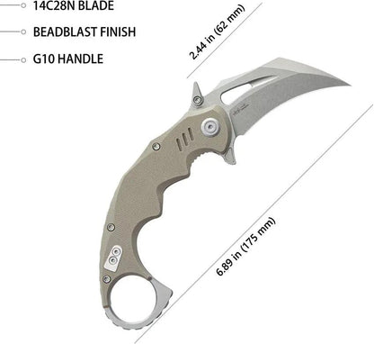 Kubey Mini Wrath Karambit Linerlock KU262C Tan G10 Handle Finger Ring Pocket Clip - 2.5in 14C28N Sandvik Blade by Kubey