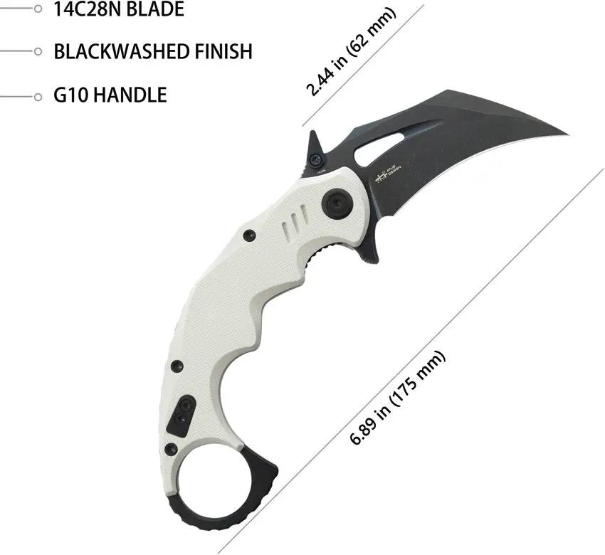 Kubey Mini Wrath Karambit Linerlock KU262I - 2.5 Inch Black Stonewash 14C28N Blade White G10 Handle Finger Ring by Kubey