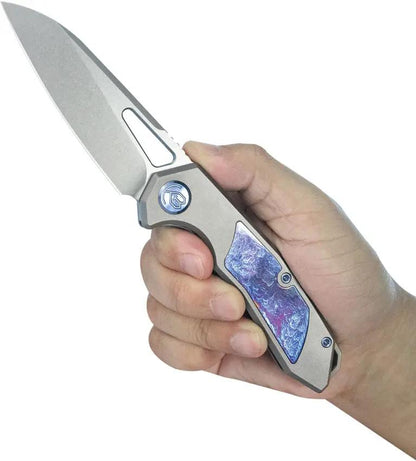 Kubey Vagrant Framelock Timascus KB284H - CPM S35VN Blade With Timascus Inlay And Gray Titanium Handle by Kubey